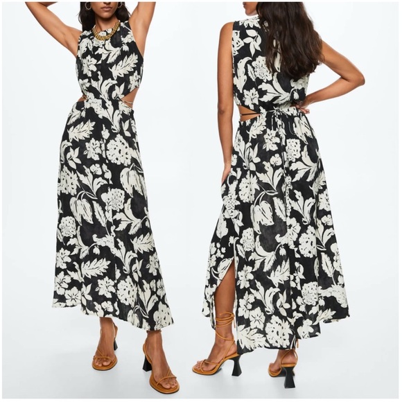 Mango Dresses & Skirts - Mango Willow Floral Print Side Cutout High Neck Maxi Dress Black and White Sz